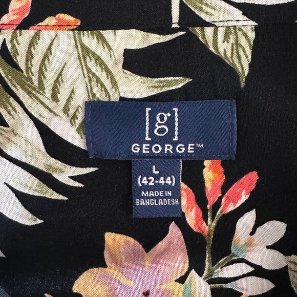 George Mens Hawaiian Shirt L Black Floral Print 100% Rayon Short Sleeve Button F - Picture 3 of 5